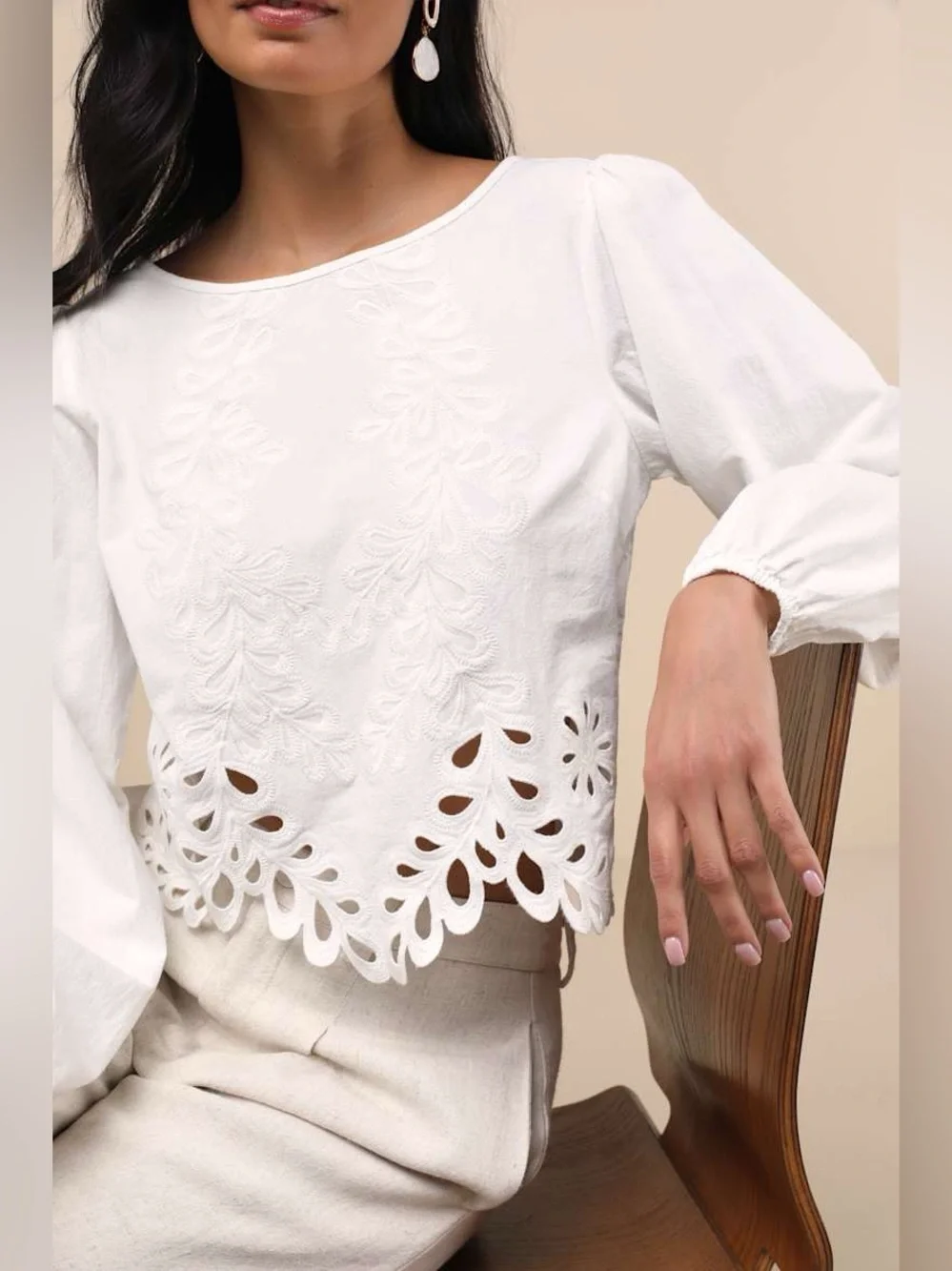 Lulus Adjoa White Embroidered Scalloped Blouson Sleeve Top - Picture 3 of 8
